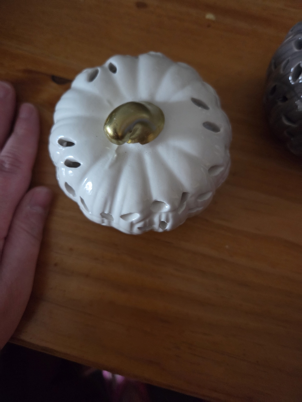 White Ceramic Decorative Lidded Jar with Gold Accent